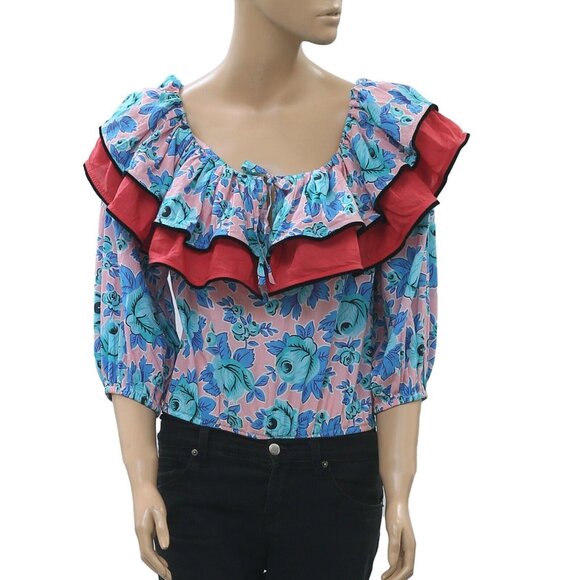 Rhode Tops - Rhode Resort Voile Floral Printed Bodysuit Top Cotton Tiered Ruffle S New 273444